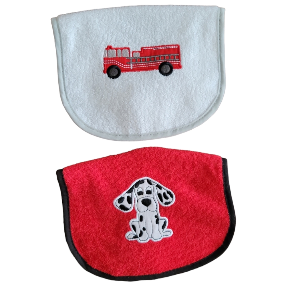 2 New Baby Bibs Fire Truck Dalmatian Dog Puppy Velcro Terry Cloth Red White
